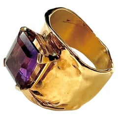 Jim Cotter 14K Gold Wide Band with Emerald-Cut Amethyst Ring