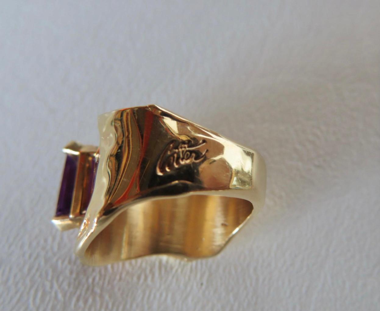 Modernist Jim Cotter 14K Gold Wide Band with Emerald-Cut Amethyst Ring For Sale