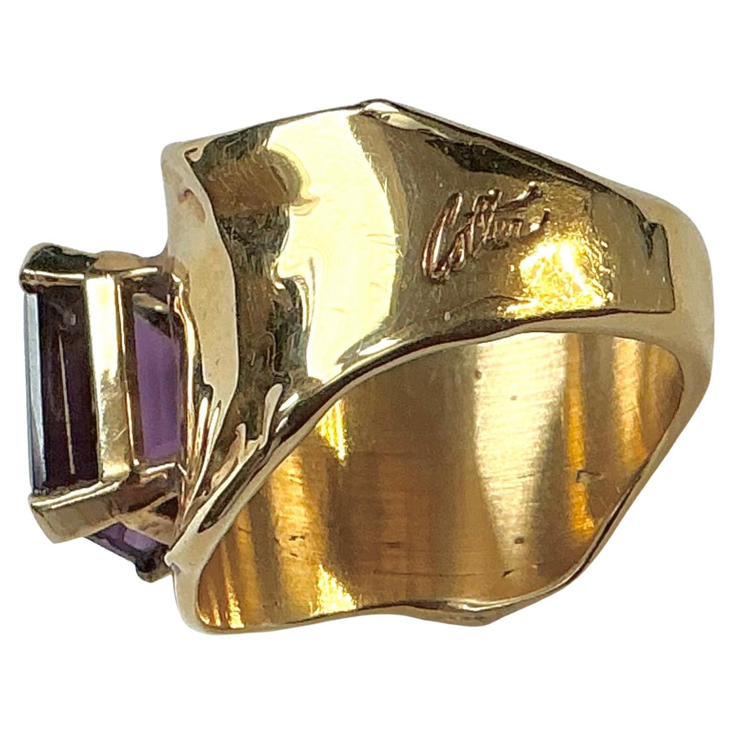 Jim Cotter: 14 Karat Gold breiter Bandring mit Amethyst im Smaragdschliff im Zustand „Hervorragend“ im Angebot in Bradenton, FL