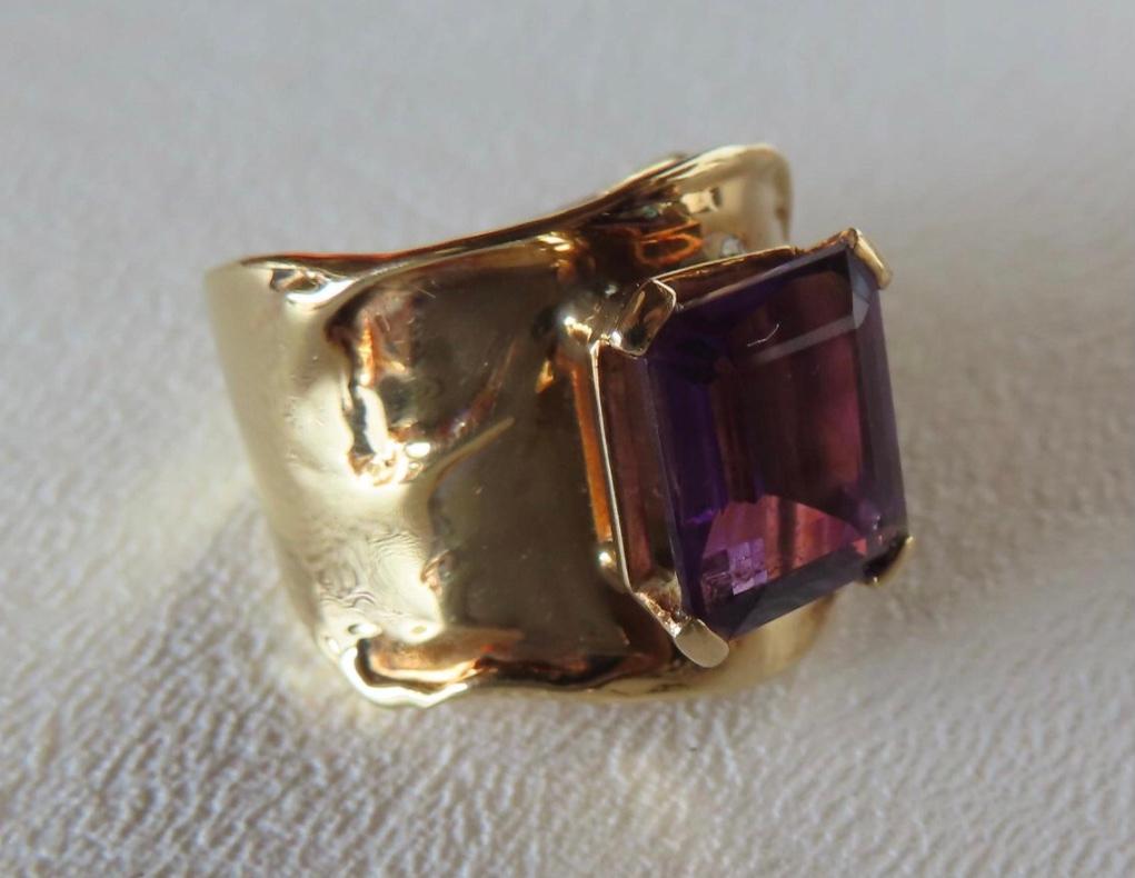 Emerald Cut Jim Cotter 14K Gold Wide Band with Emerald-Cut Amethyst Ring For Sale