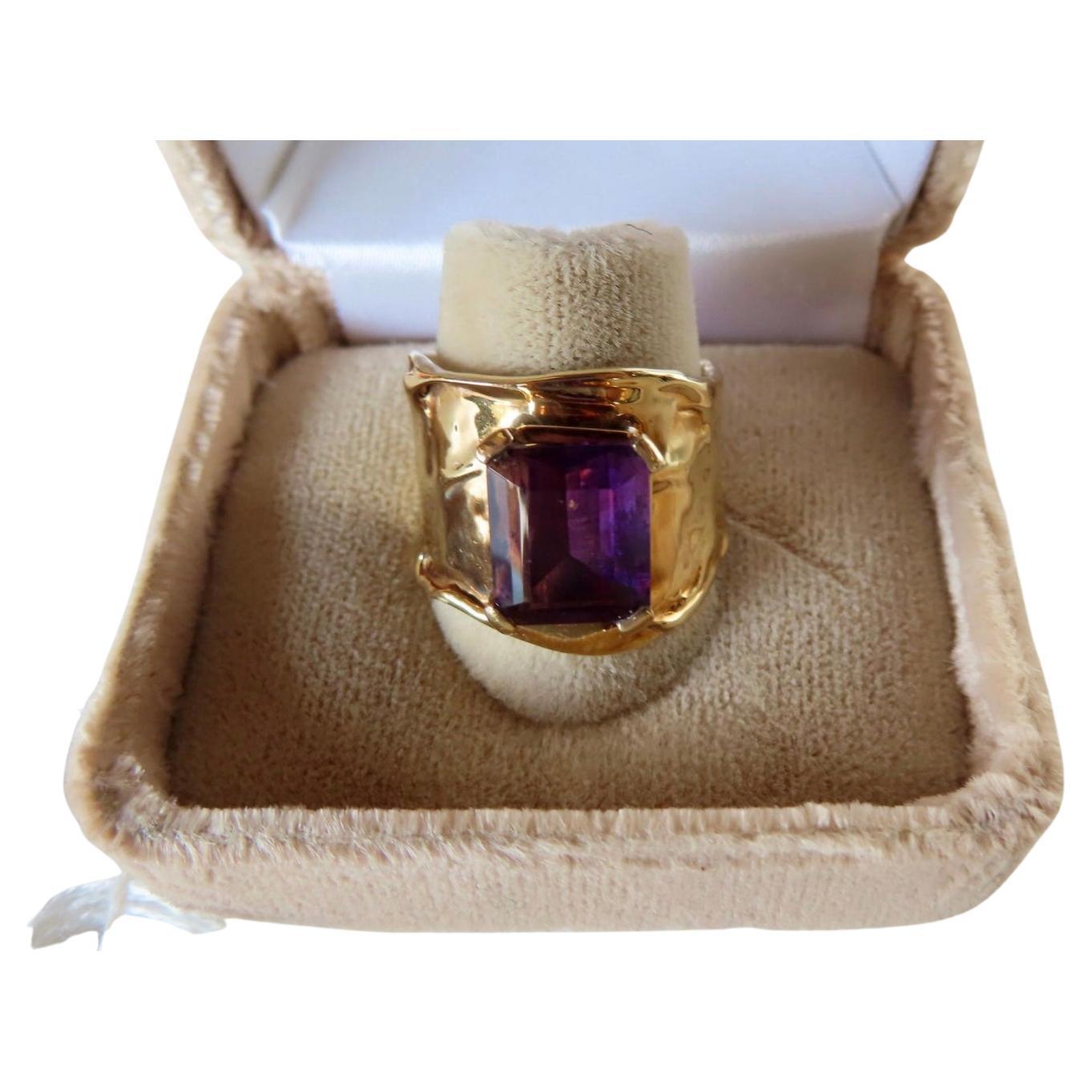 Jim Cotter 14K Gold Wide Band with Emerald-Cut Amethyst Ring For Sale