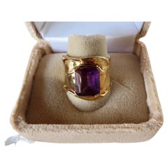 Jim Cotter 14K Gold Wide Band with Emerald-Cut Amethyst Ring