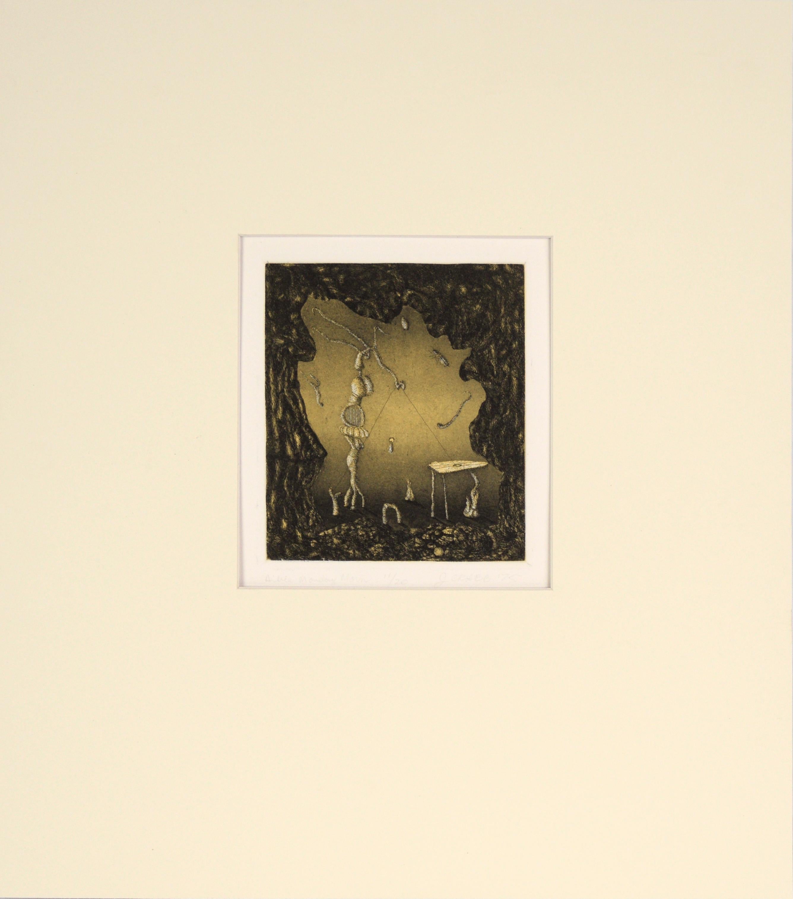 Abstract Print di Jim Crabb - "Alice Monday Morn" - Litografia surrealista su carta del 1975