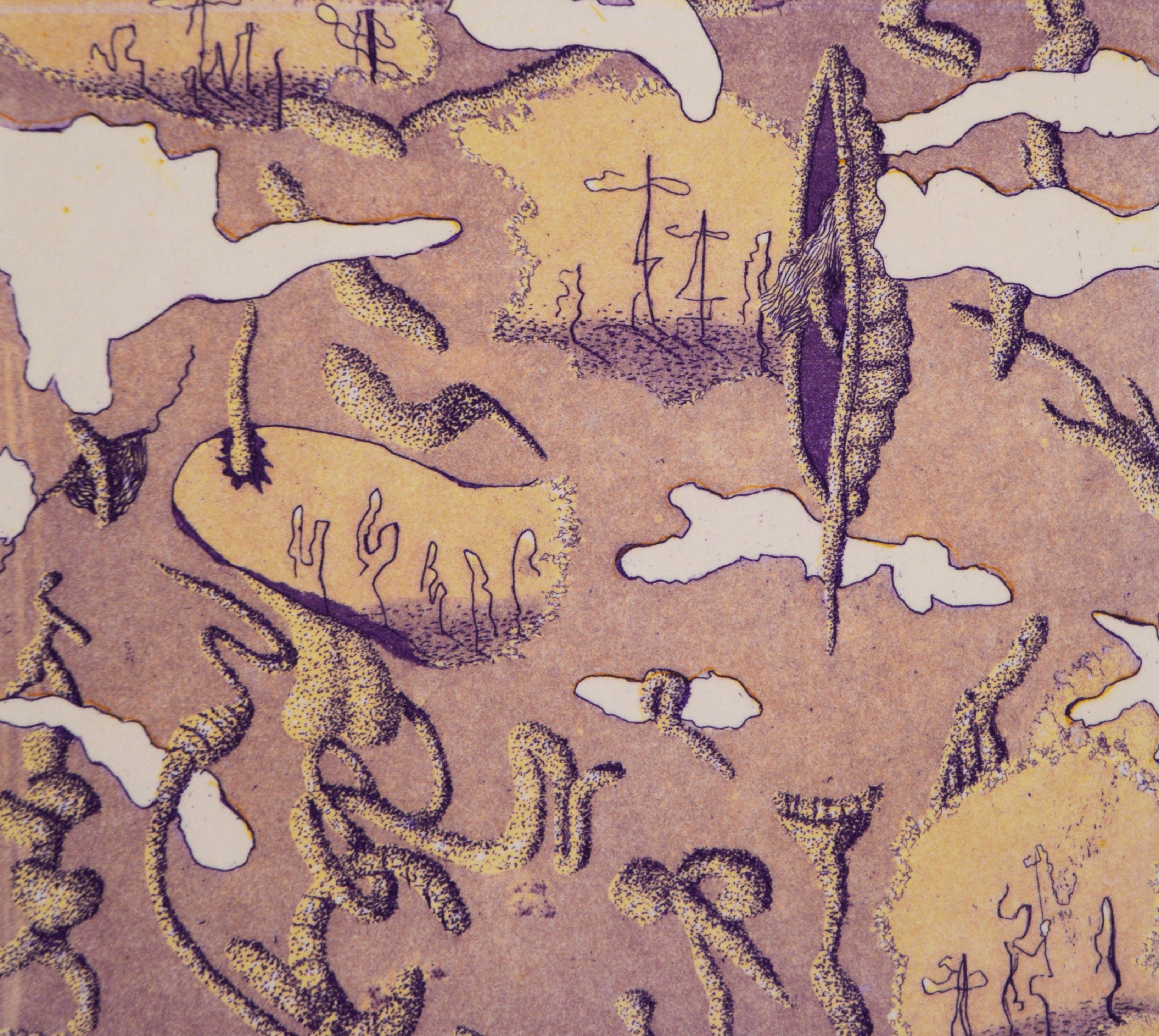 „Departure #7“ – Lithographie auf Papier

Lila- und hellbraune Lithografie mit abstrahierten Figuren, die im Raum schweben, von Jim Crabb (Amerikaner, geb. 1947). Abstrahierte Figuren nehmen die ganze Seite ein, wobei sich Violett- und Beigetöne mit