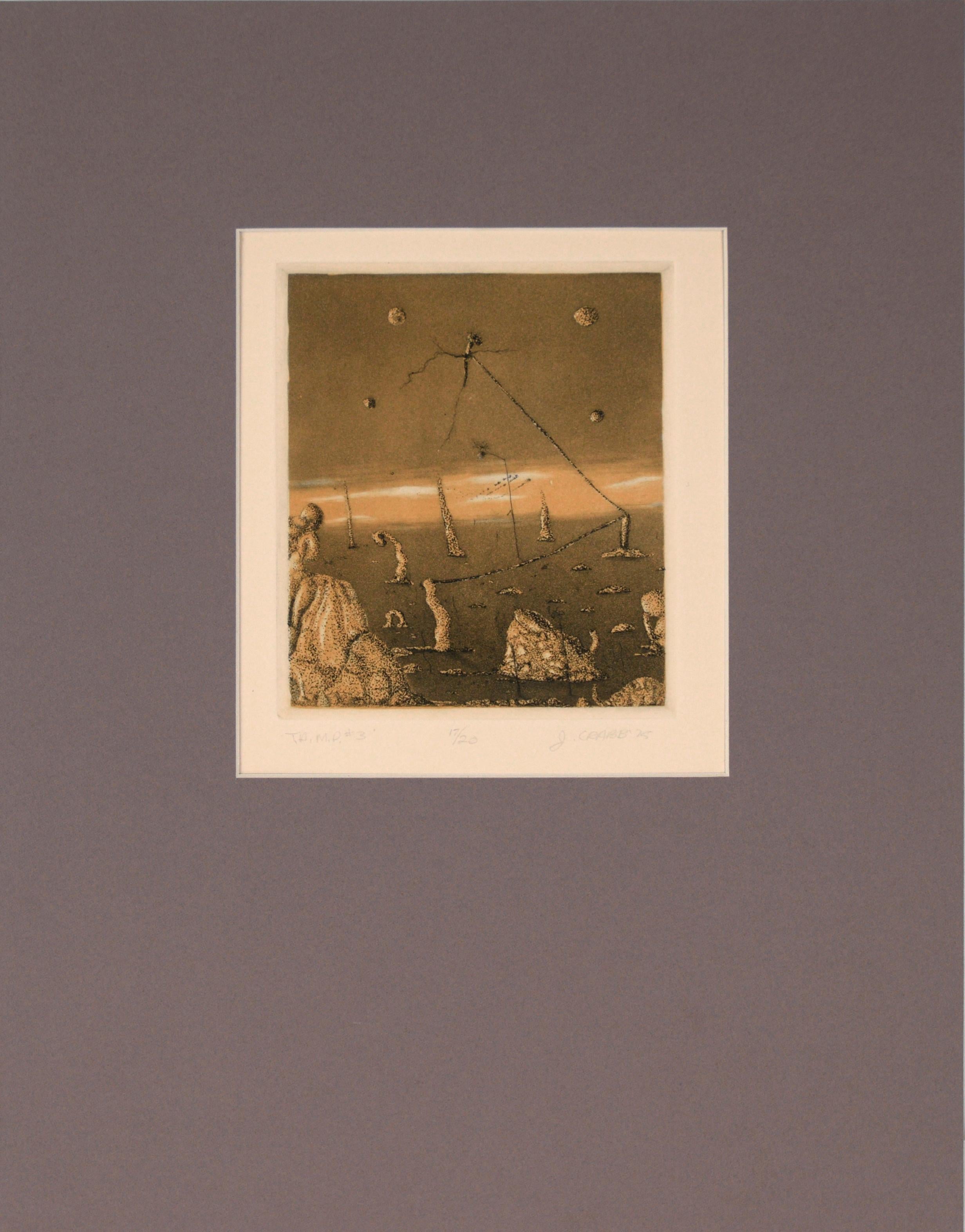 Abstract Print de Jim Crabb - "T.A.M.P. #3" - 1975 Litografía surrealista sobre papel