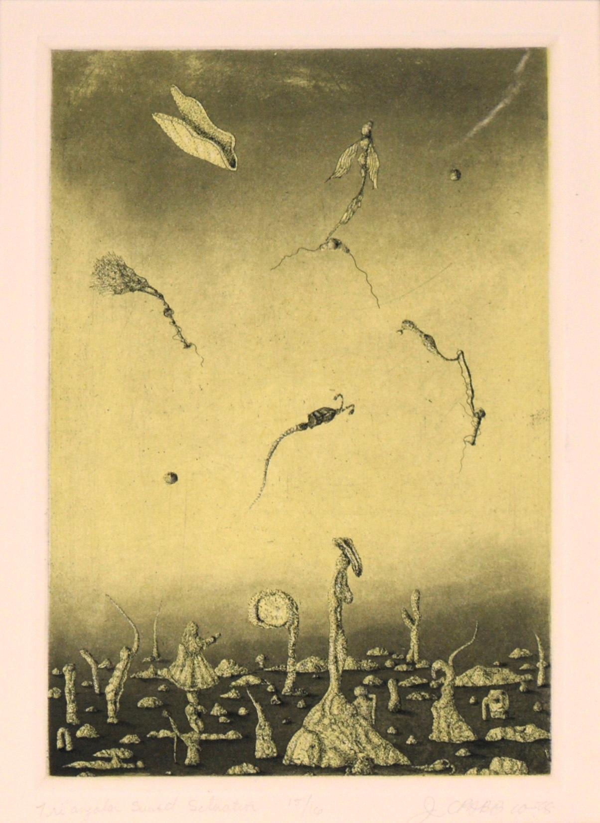 „Dreieckige Sonnenuntergang-Szene“ – surrealistische farbige Lithographie #15/16 1978 – Print von Jim Crabb