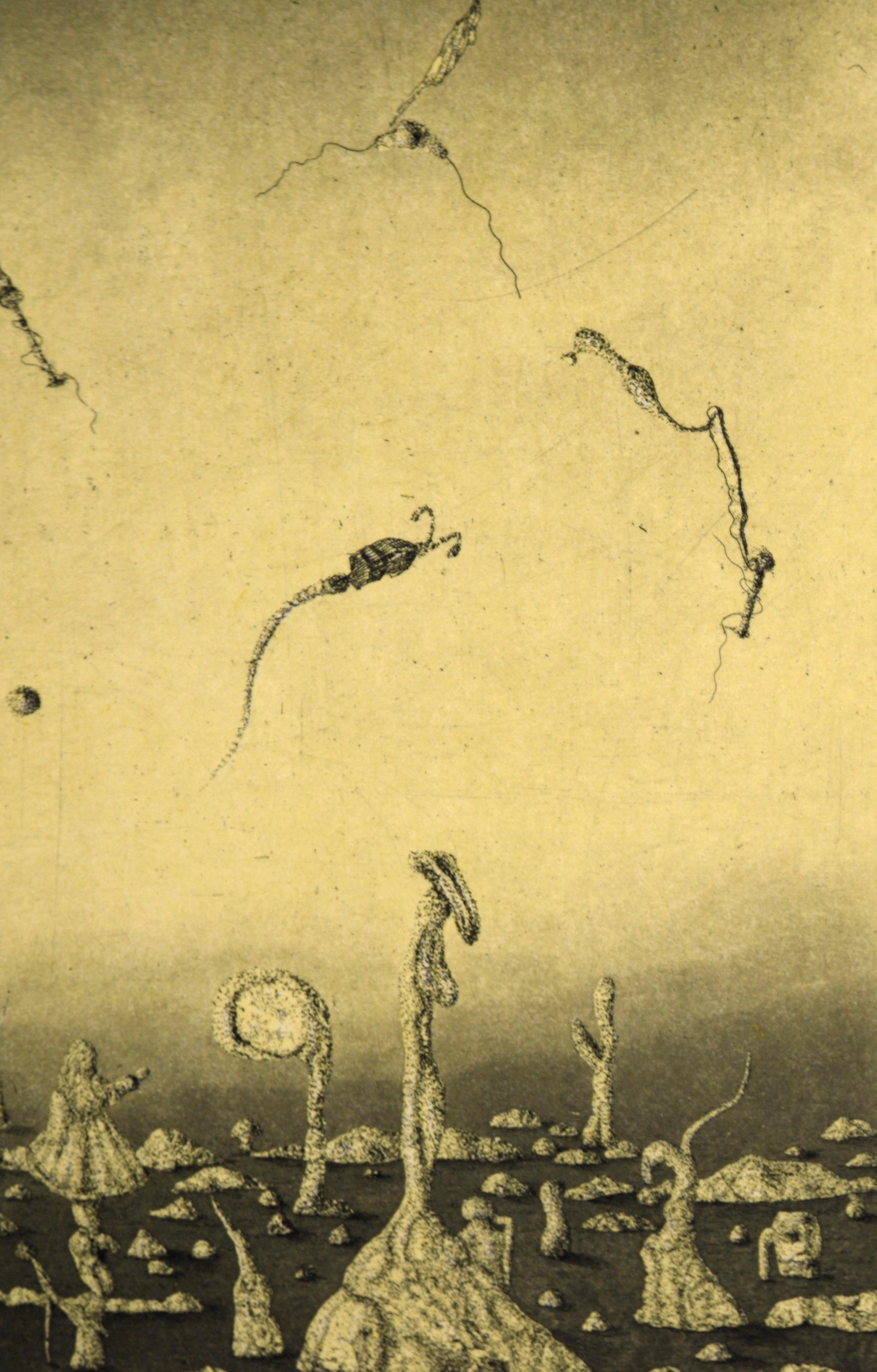 „Dreieckige Sonnenuntergang-Szene“ – surrealistische farbige Lithographie #15/16 1978 (Schwarz), Landscape Print, von Jim Crabb