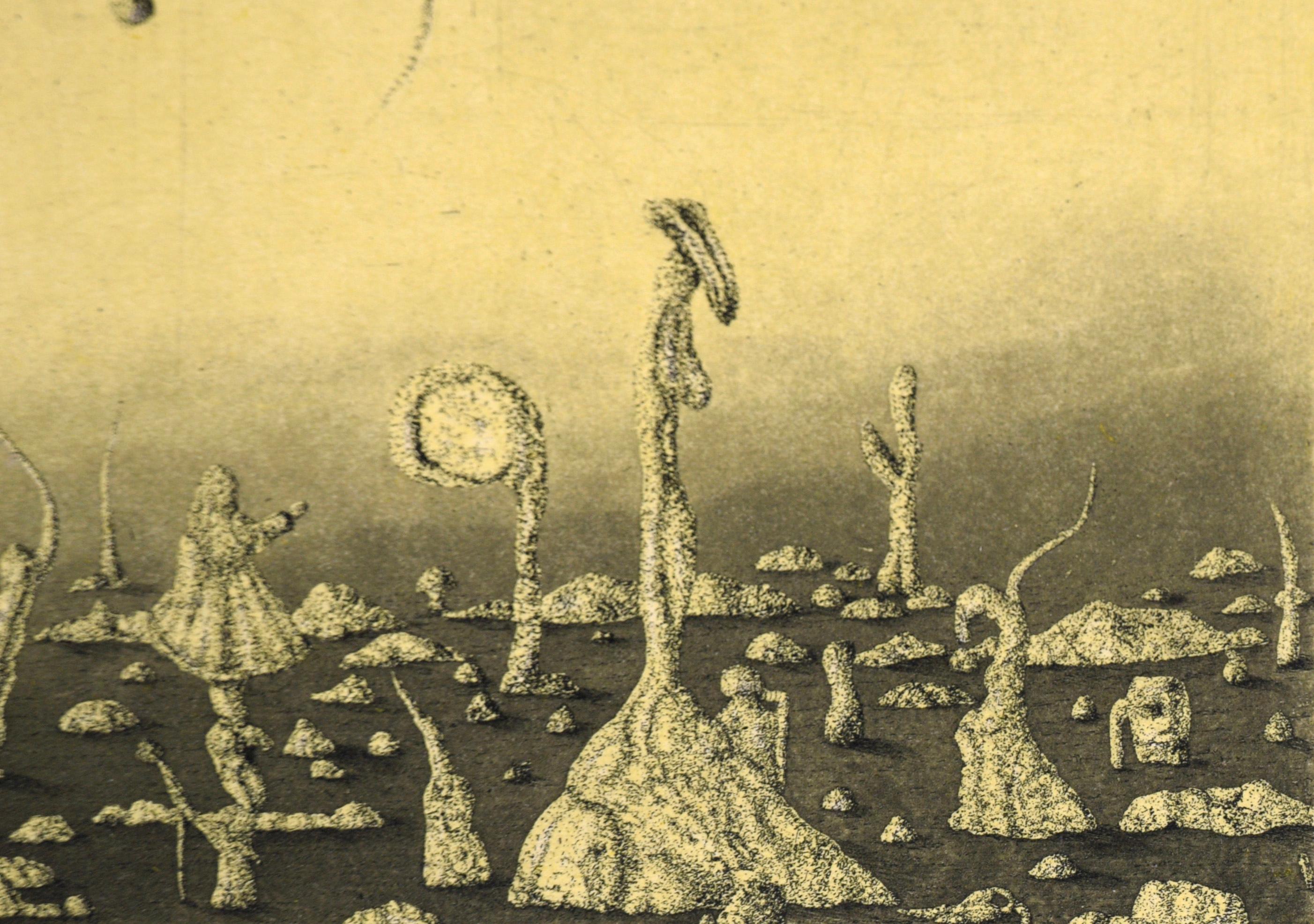 „Dreieckige Sonnenuntergang-Szene“ – surrealistische farbige Lithographie #15/16 1978 im Angebot 1