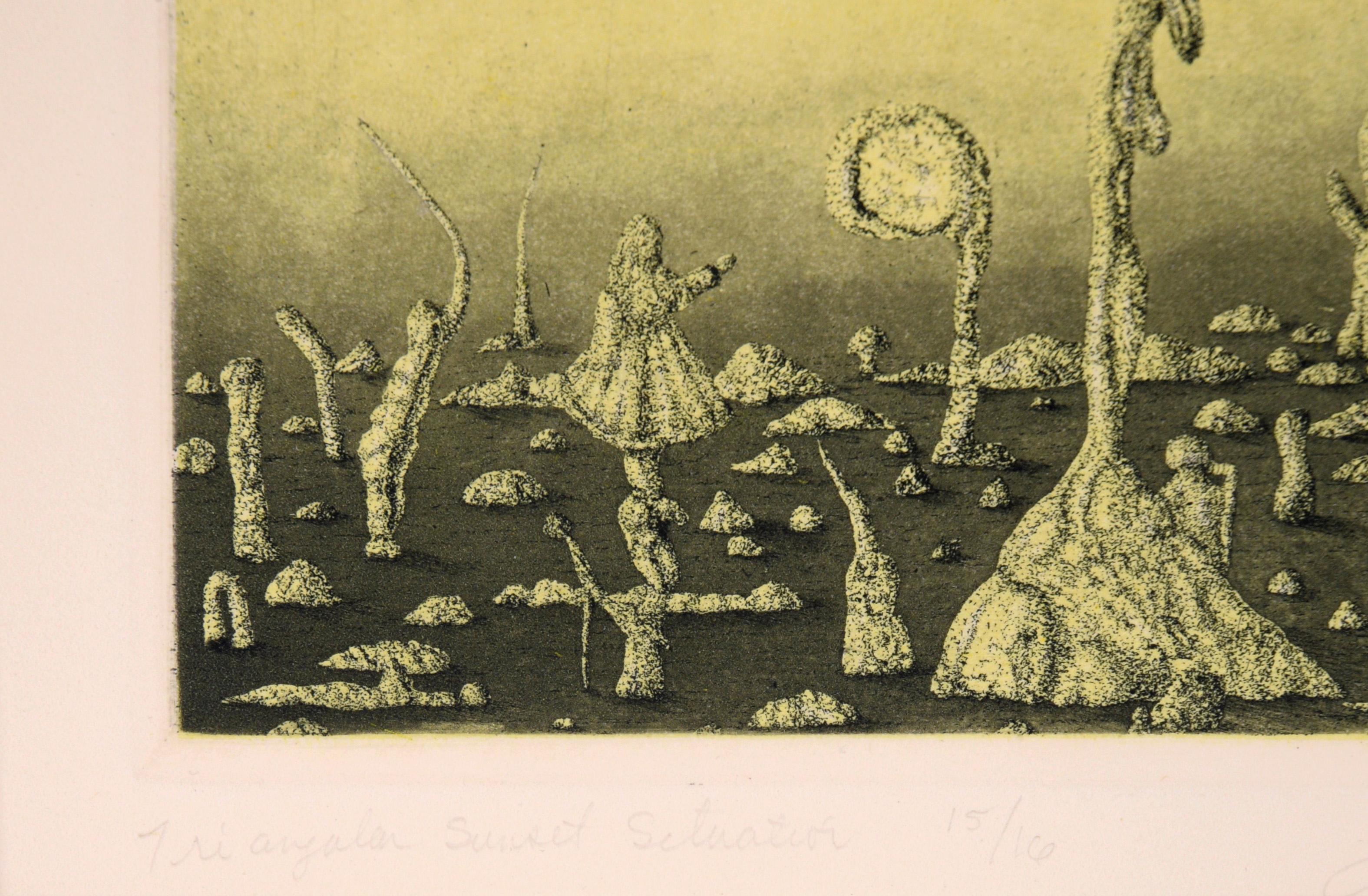 „Dreieckige Sonnenuntergang-Szene“ – surrealistische farbige Lithographie #15/16 1978 im Angebot 2