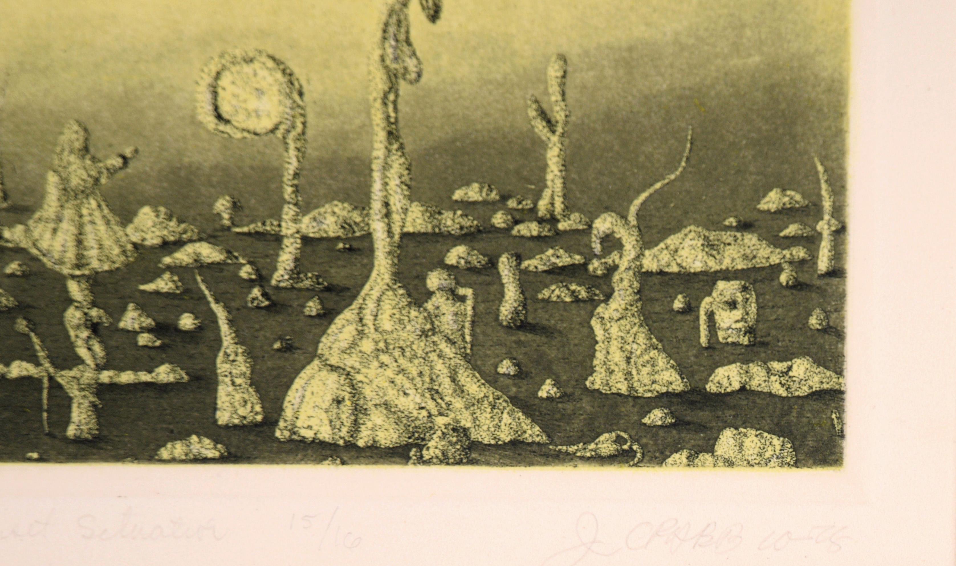 „Dreieckige Sonnenuntergang-Szene“ – surrealistische farbige Lithographie #15/16 1978 im Angebot 3