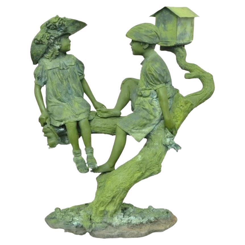 Jim Davidson Large Bronze Verdigris Mailbox Garden Statue Boy and Girl on Tree For Sale