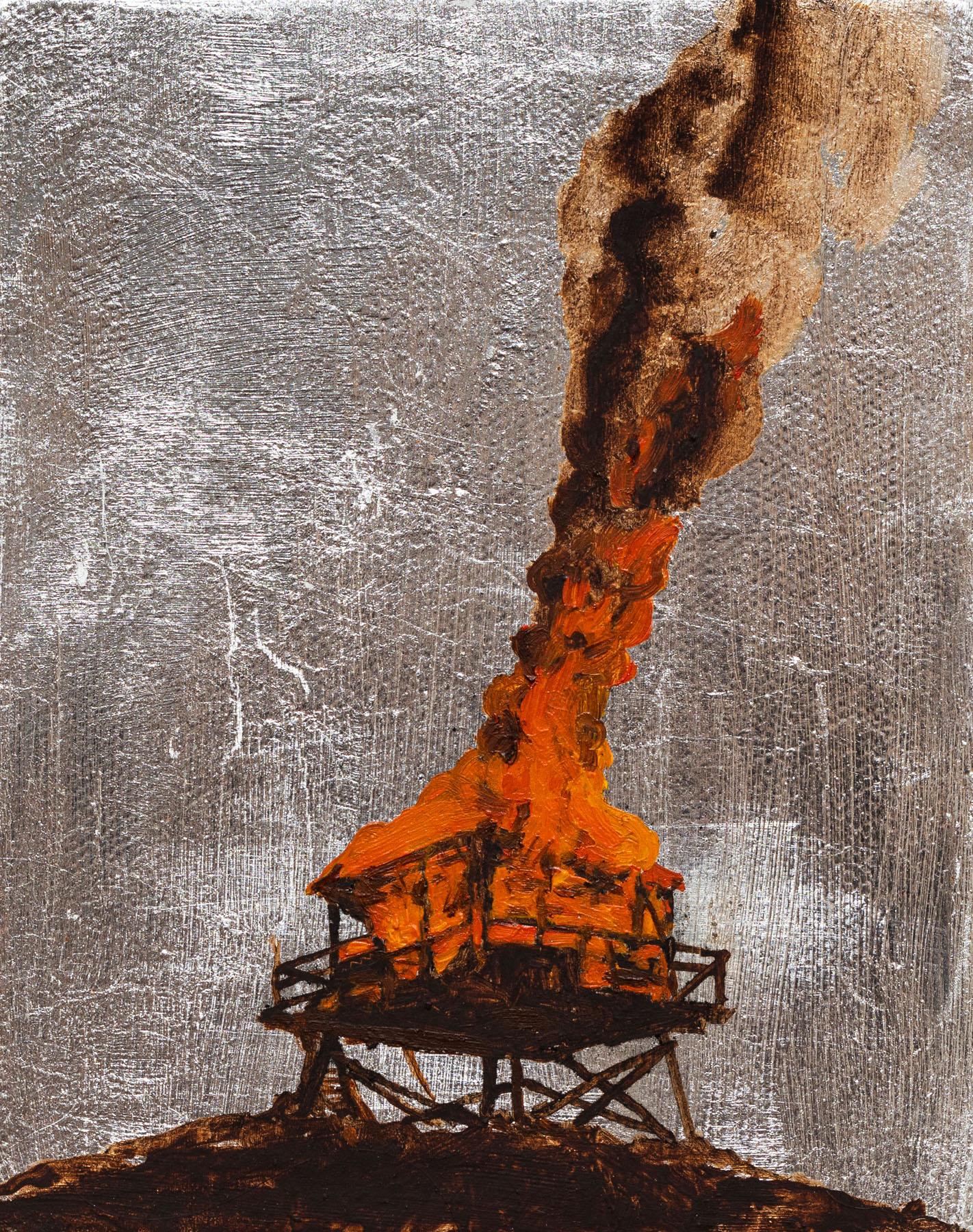 Jim Denney Abstract Painting - Burning Lookout 2, building on fire, silver background, oil painting on panel
