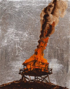 Burning Lookout 2, building on fire, silver background, oil painting on panel