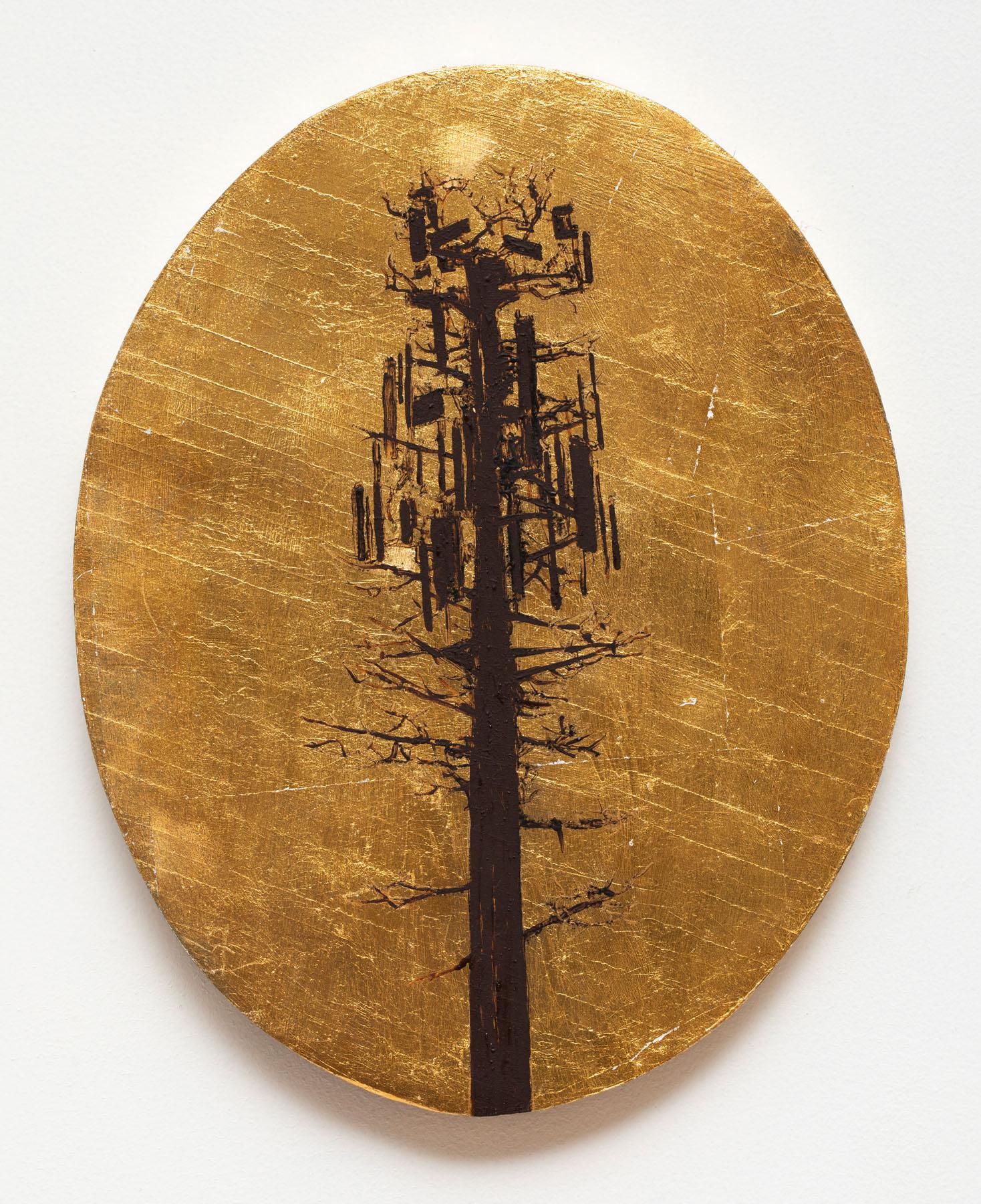 Cell Tower Tree, oil painting on oval panel, gold leaf and black