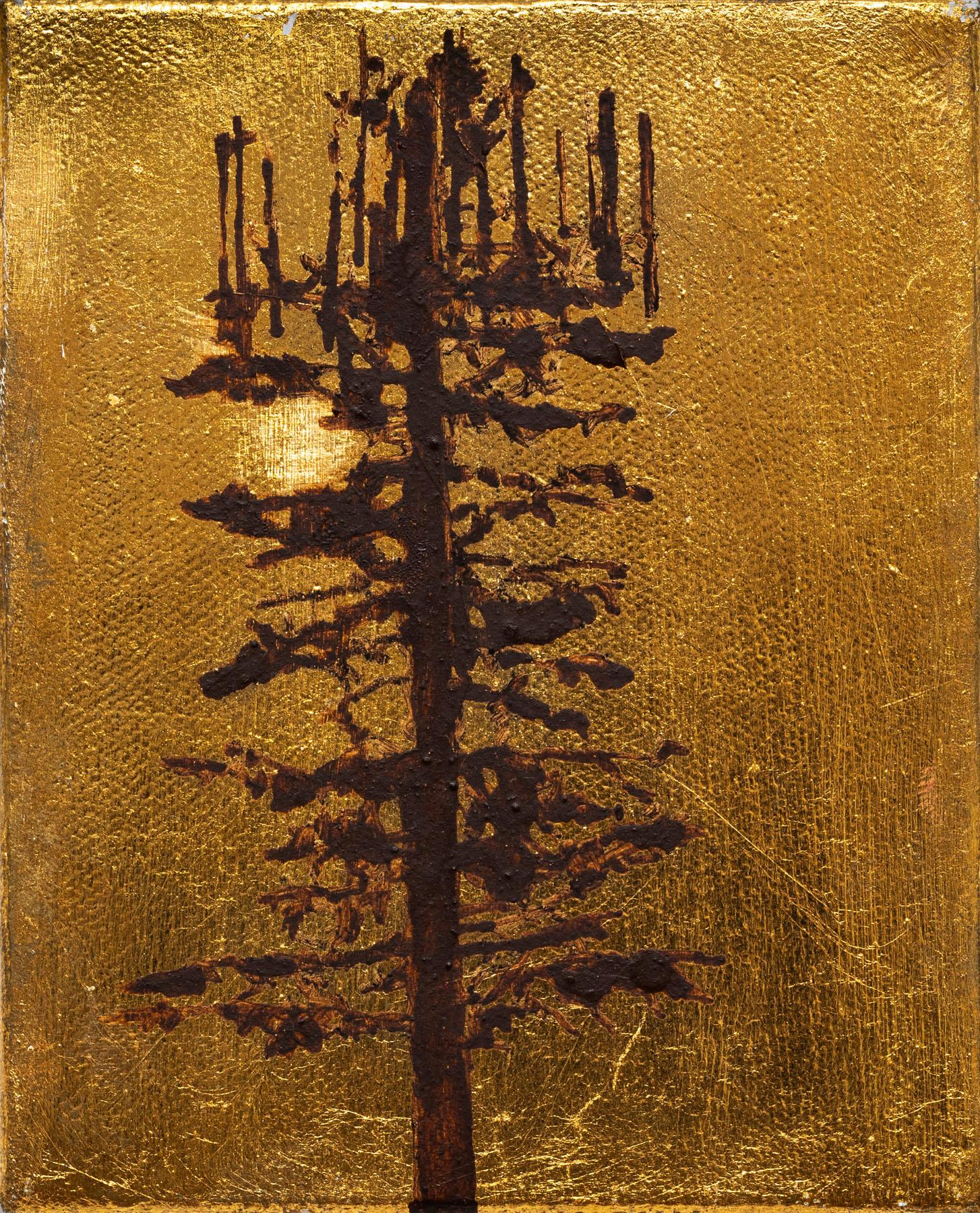 Jim Denney Figurative Painting - Cell Tree, cell tower and tree on golden background, oil painting on panel