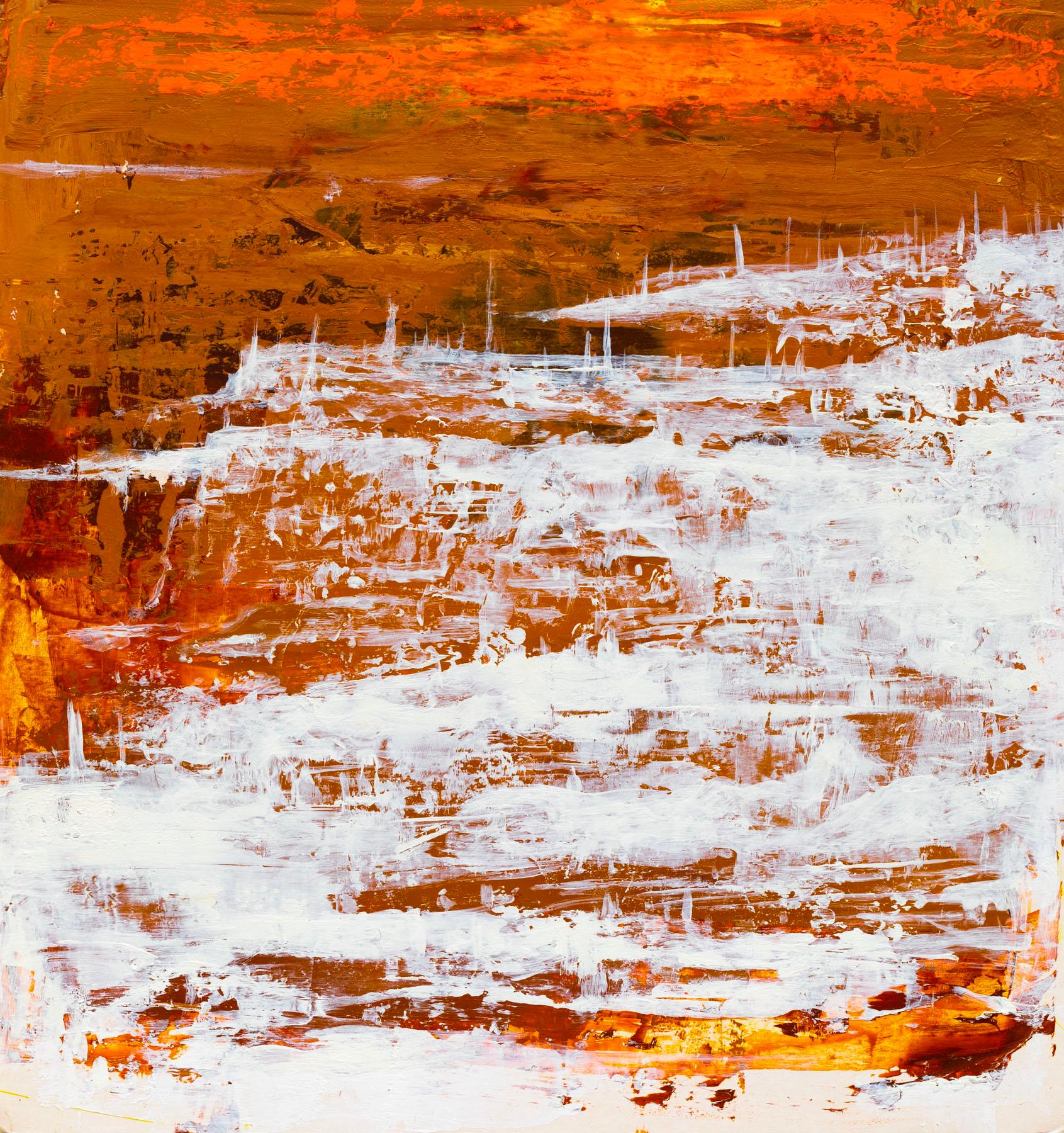 Jim Denney Figurative Painting - Fire and Ice, orange and white abstract oil painting on panel