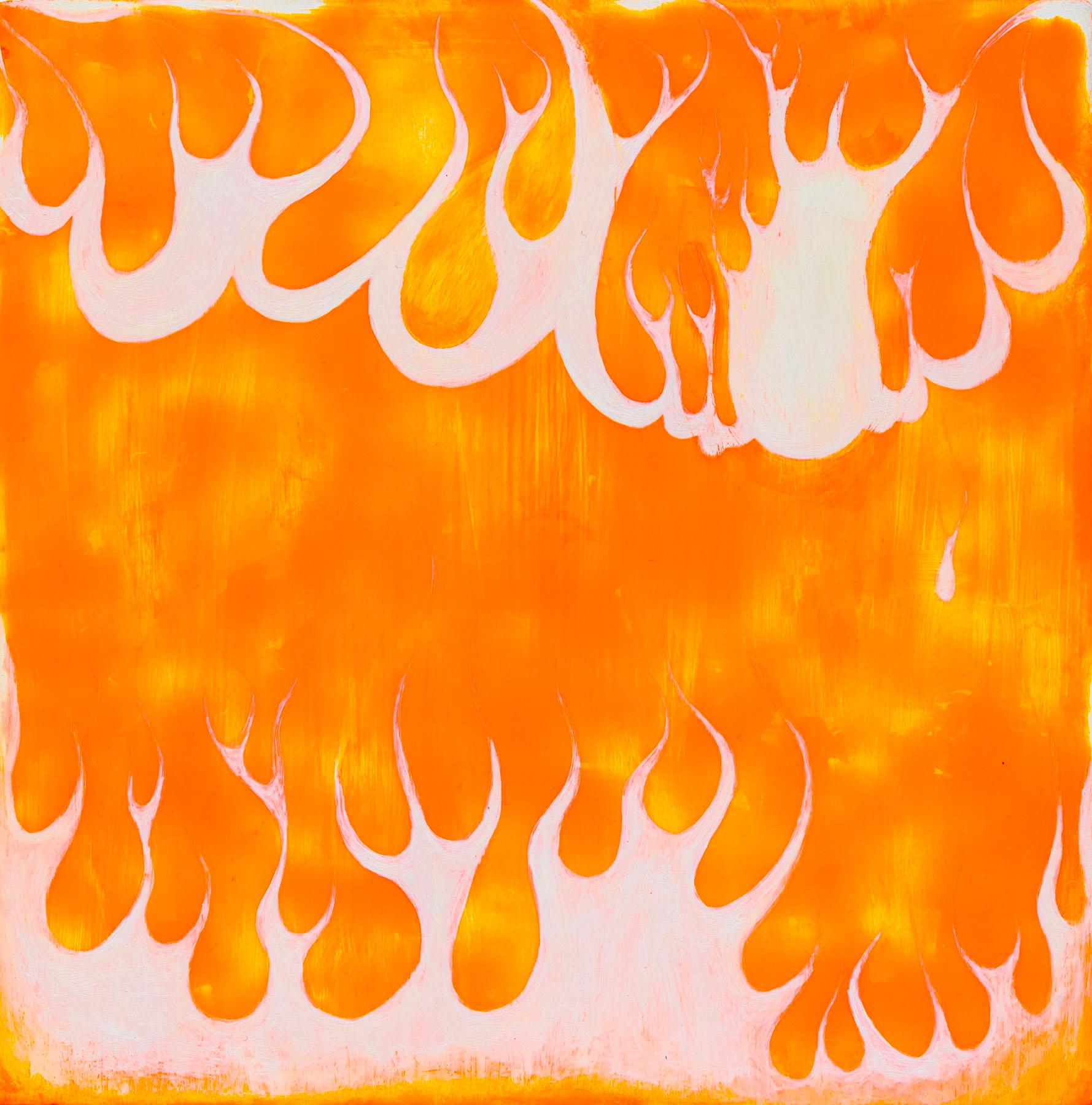 Jim Denney Figurative Painting - Fire Lines, orange and white abstracted flames, painting on wood panel
