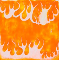 Fire Lines, orange and white abstracted flames, painting on wood panel