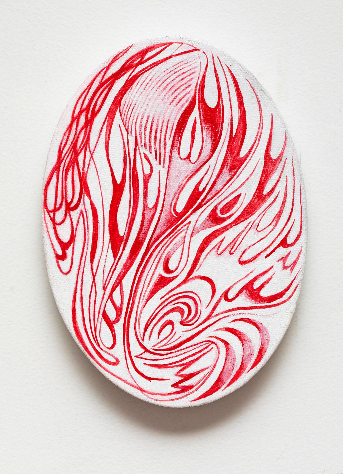 Jim Denney Abstract Painting - Fire Oval 1, abstracted flames, red and white painting on oval canvas