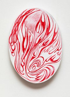 Fire Oval 1, abstracted flames, red and white painting on oval canvas