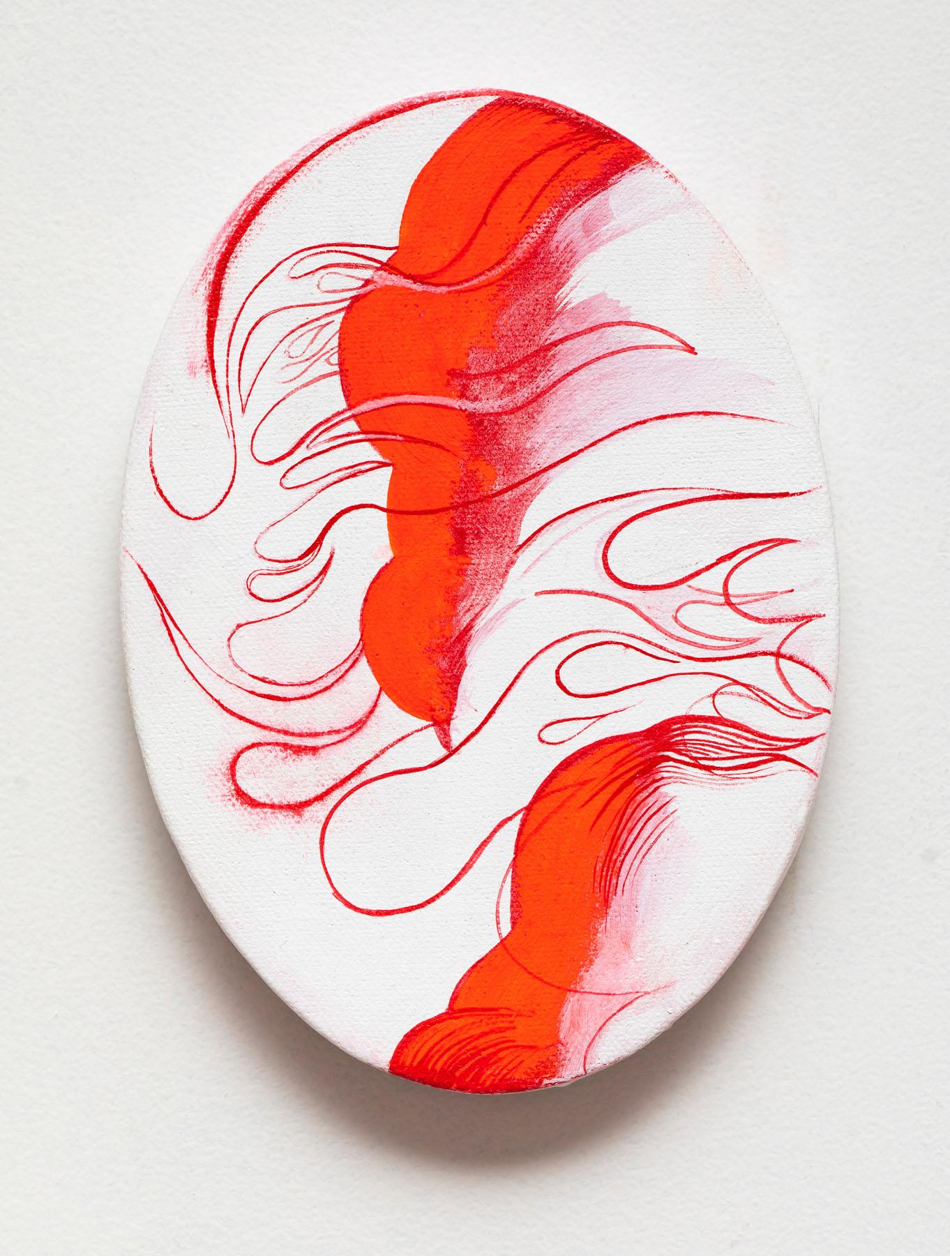 Jim Denney Abstract Painting - Fire Oval 2, abstracted flames, red and white painting on oval canvas