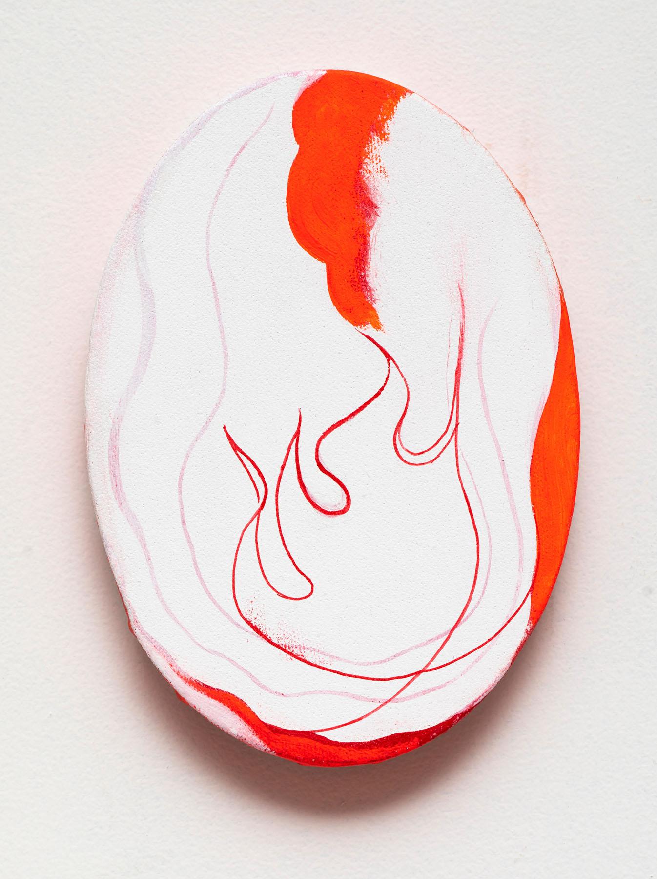 Jim Denney Abstract Painting - Fire Oval 3, abstracted flames, red and white painting on oval canvas