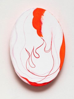 Fire Oval 3, abstracted flames, red and white painting on oval canvas