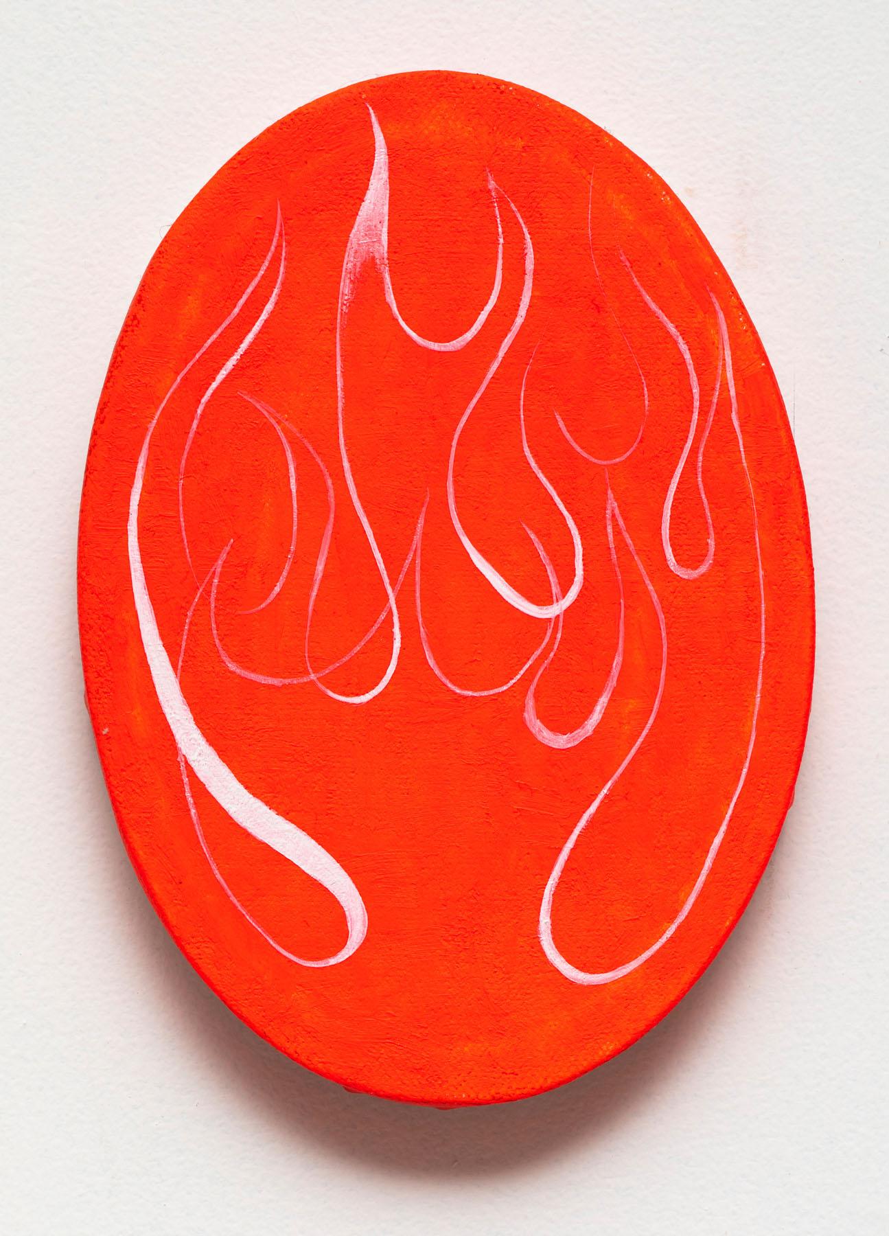 Jim Denney Figurative Painting - Fire Oval 4, abstracted flames, red and white painting on oval canvas
