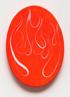 Fire Oval 4, abstracted flames, red and white painting on oval canvas