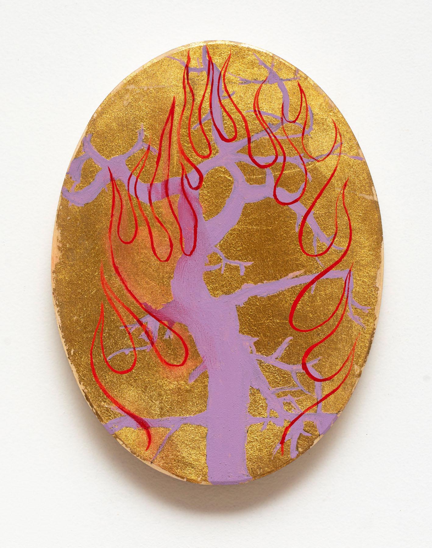 Jim Denney Figurative Painting - Fire Tree 1, tree on golden background, oil painting on oval panel