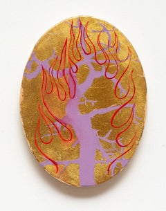 Fire Tree 1, tree on golden background, oil painting on oval panel