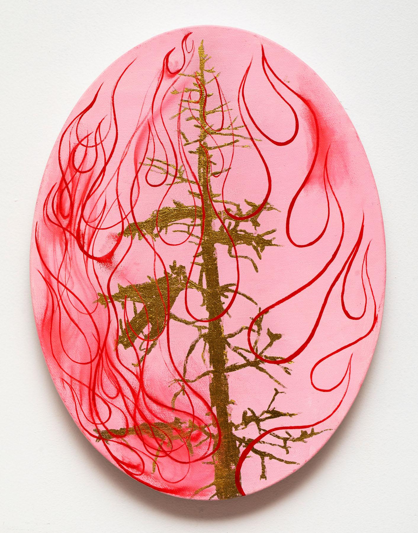 Jim Denney Abstract Painting - Fire Tree 16, tree on pink background, oil painting on oval panel