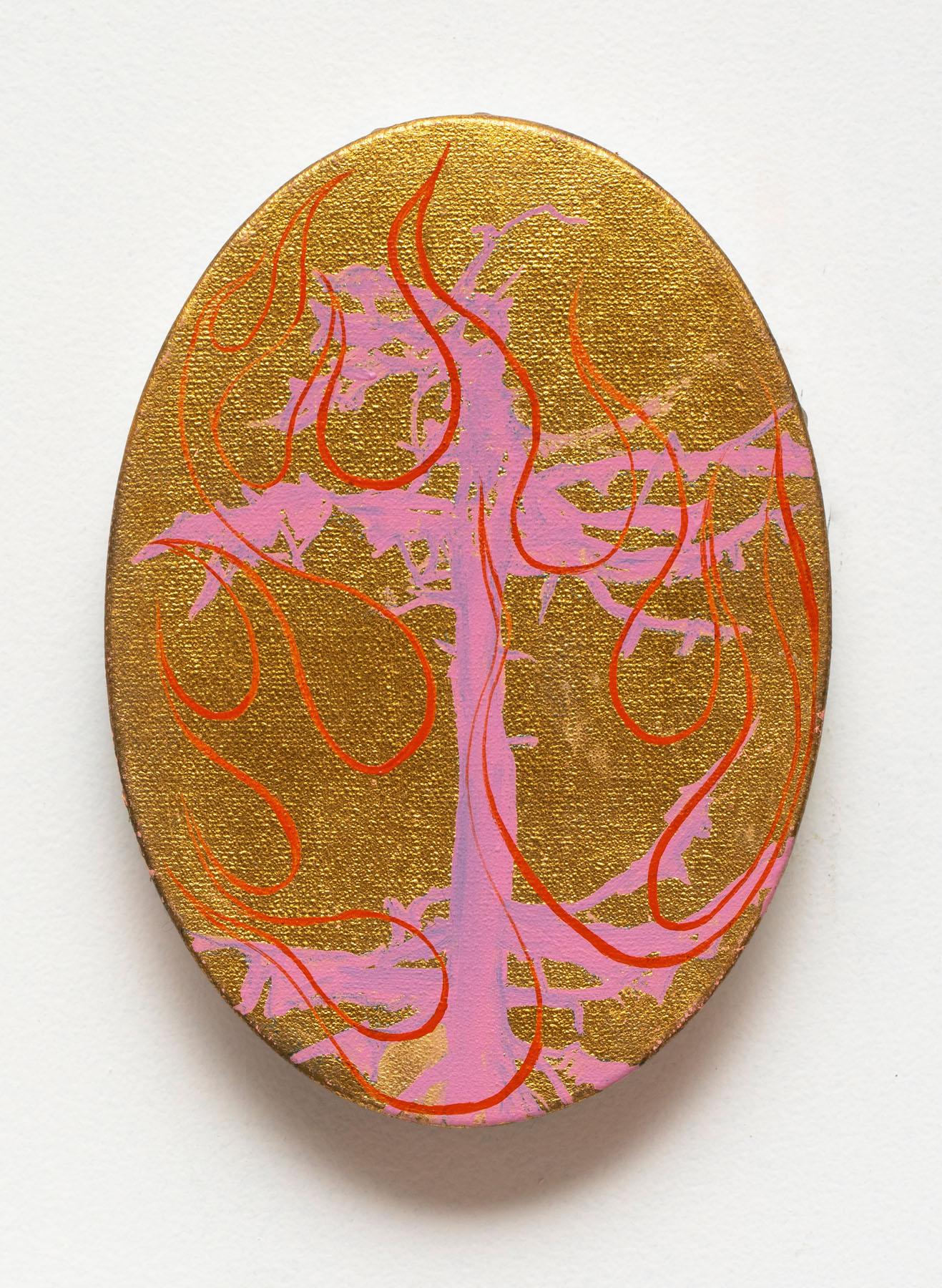 Jim Denney Abstract Painting - Tree Fire 21, tree on golden background, oil painting on oval canvas