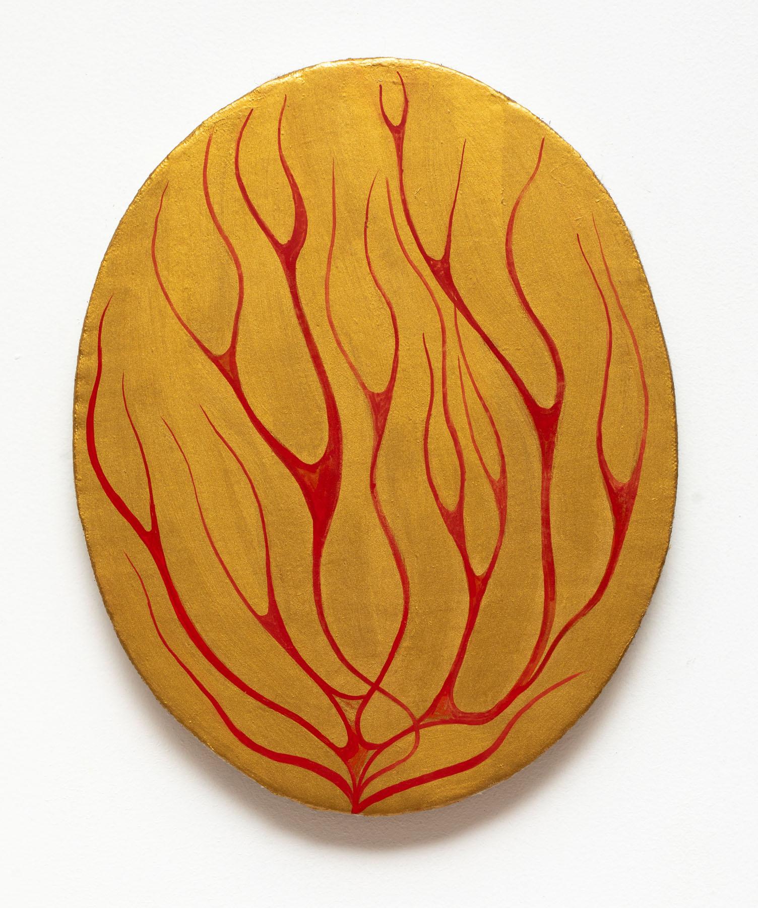 Jim Denney Figurative Painting - Flame 2, red fire on golden background, oil painting on oval panel