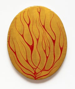 Flame 2, red fire on golden background, oil painting on oval panel