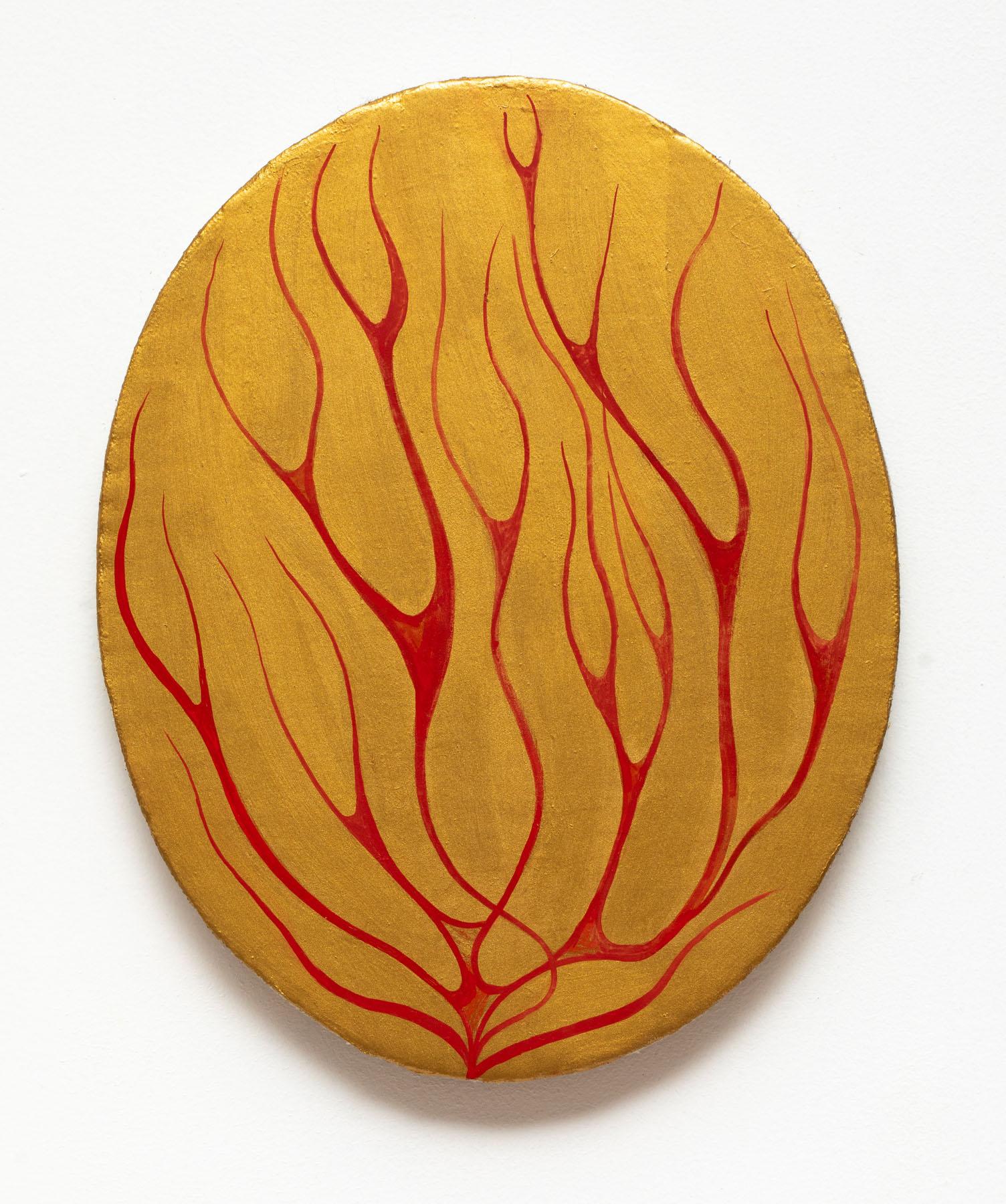Jim Denney Abstract Painting - Flame 3, red fire on gold background, oil painting on oval panel