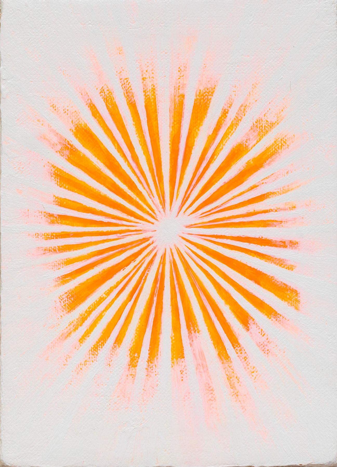 Jim Denney Figurative Painting - Flash Point, abstract neon orange flames on white background