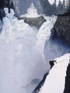 Frozen Falls, black and white painting of waterfall, winter