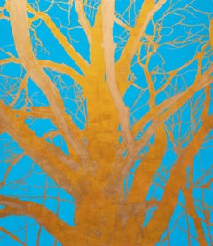 Golden Tree, gold tree against bright blue sky, oil painting on panel