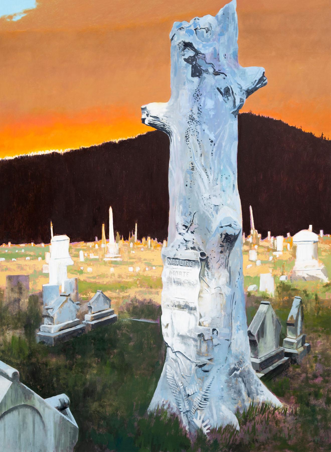 Jim Denney Landscape Painting - Nature Morte, oil paintings of cemetery at sunset, surrealistic