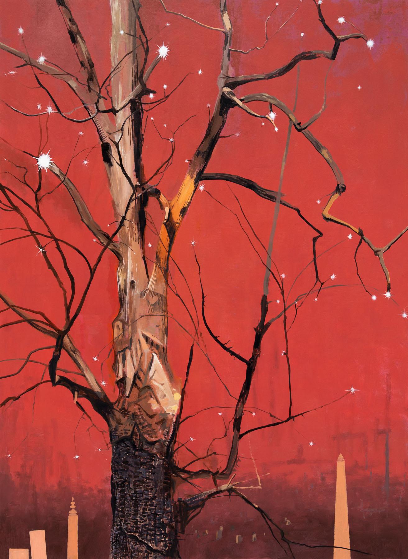 Jim Denney Figurative Painting - Rapture, red oil painting on canvas of barren tree, abandoned buildings