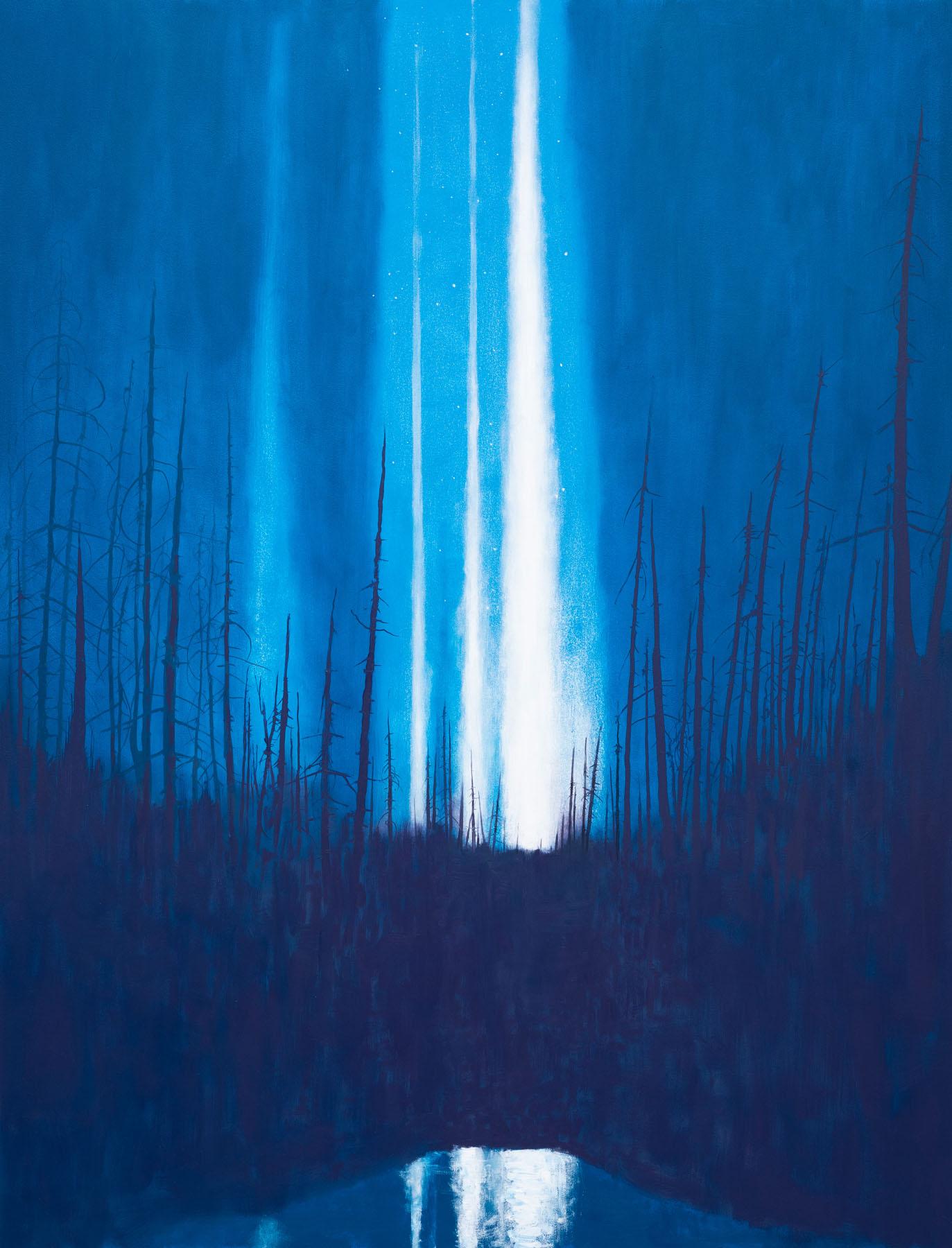 Jim Denney Landscape Painting - Reflections (Sky Watcher), blue landscape painting of trees and forest
