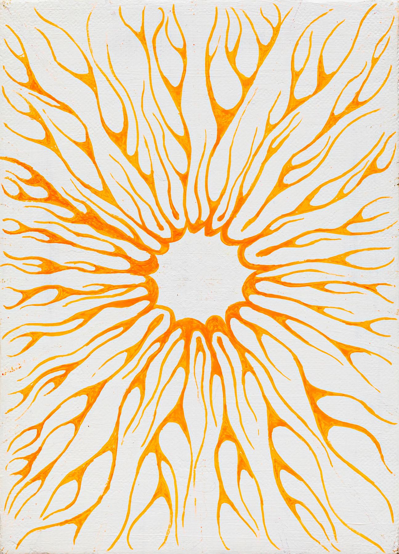 Jim Denney Abstract Painting - Ring of Fire, abstract neon orange flames on white background