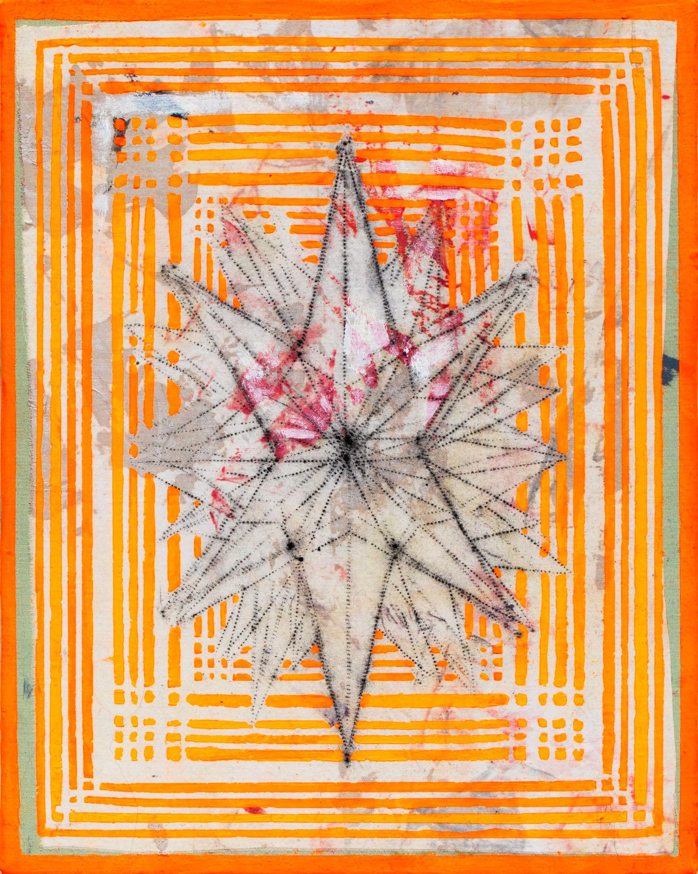 Jim Denney Figurative Painting - Star Structure, geometric abstract painting, bright neon orange