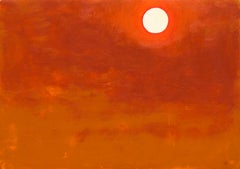 Sun, bright orange sky and sun, oil painting on wood panel