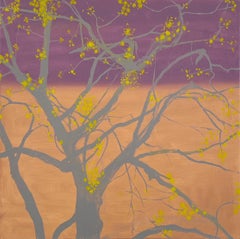 Tree With Blooms, tree with yellow flowers, purple and orange background