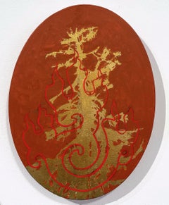 Untitled Fire Tree 1, fire and golden tree on red, oil painting on oval panel