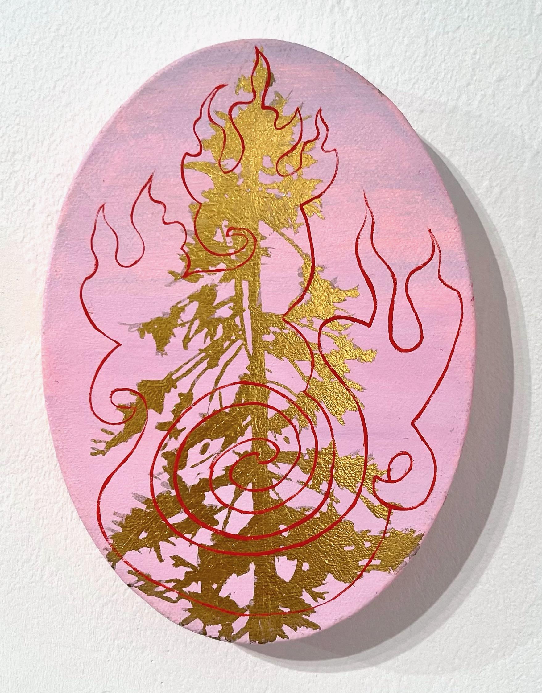 Jim Denney Abstract Painting - Untitled Fire Tree 10, tree on pink background, oil painting on oval panel