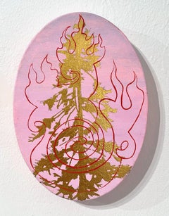Untitled Fire Tree 10, tree on pink background, oil painting on oval panel