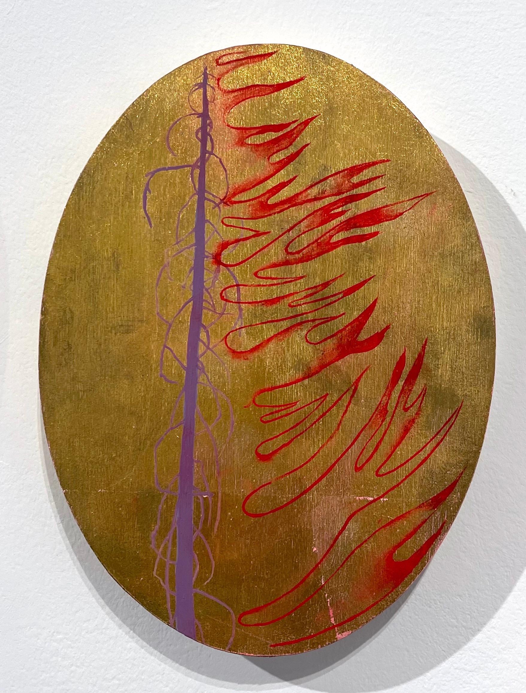 Jim Denney Abstract Painting - Untitled Fire Tree 2, tree on golden background, oil painting on oval panel